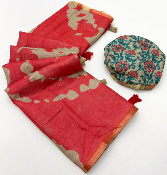 Energetic Red Printed Cotton Silk Saree With Designer Blouse Piece