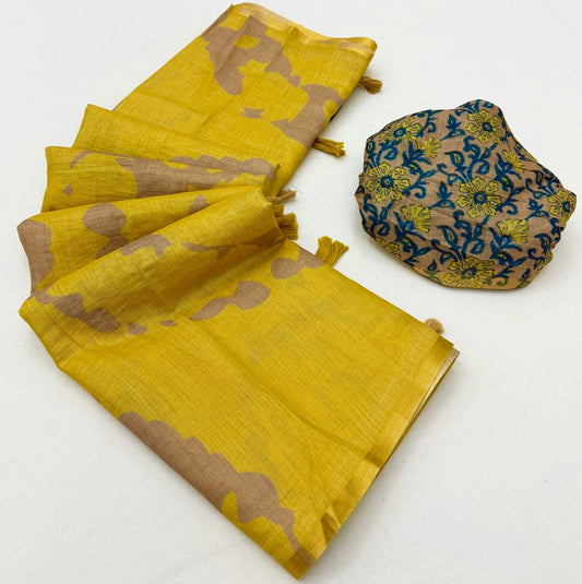 Artistic Yellow Printed Cotton Silk Saree With Gleaming Blouse Piece