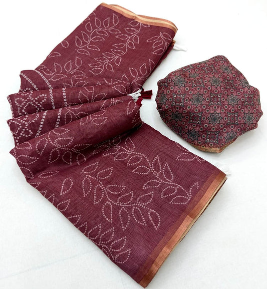 Confounding Maroon Printed Cotton Silk Saree With Supernal Blouse Piece