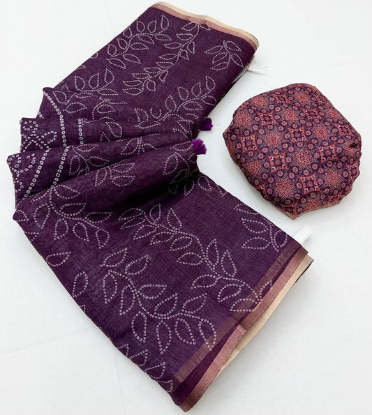 Epiphany Purple Printed Cotton Silk Saree With Fairytale Blouse Piece