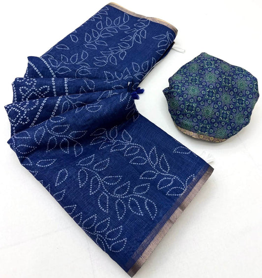 Dalliance Navy Blue Printed Cotton Silk Saree With Proficient Blouse Piece