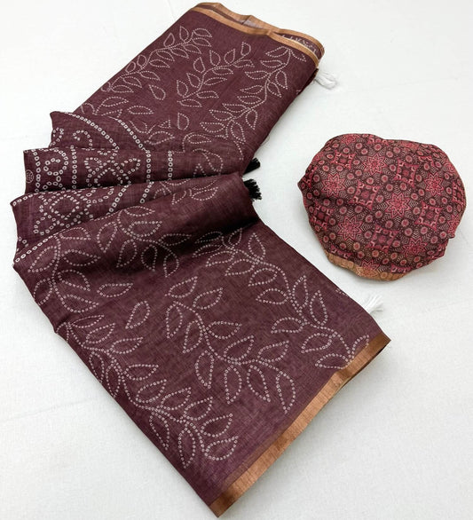 Glowing Brown Printed Cotton Silk Saree With Admirable Blouse Piece