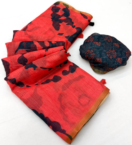 Precious Red Printed Cotton Silk Saree With Pleasurable Blouse Piece