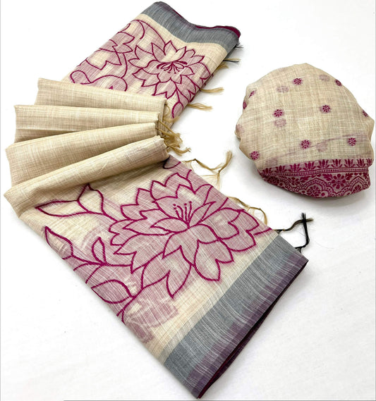 Trendy Beige Pure Munga Cotton Silk Saree With Serendipity Blouse Piece