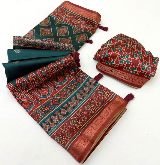 Embellished Rama Ajrakh Printed Soft Silk Saree With Sizzling Blouse Piece