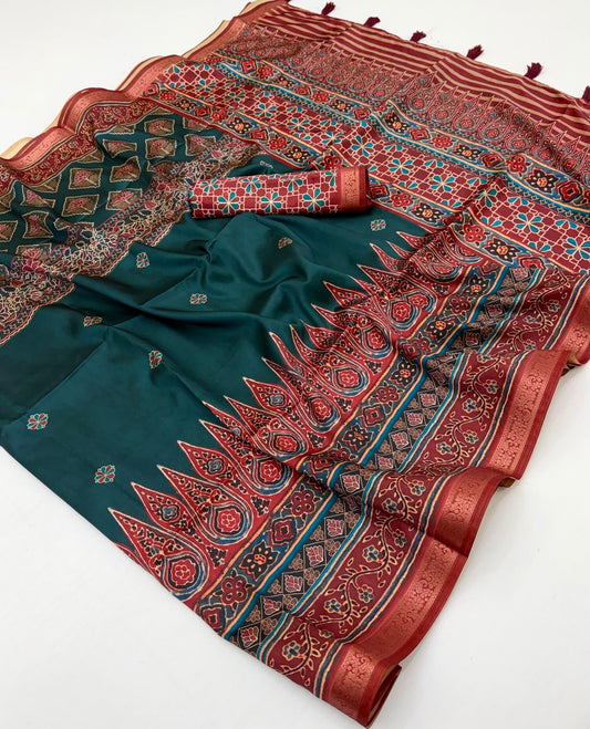 Embellished Rama Ajrakh Printed Soft Silk Saree With Sizzling Blouse Piece