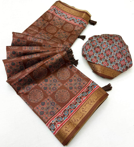 Comely Brown Ajrakh Printed Soft Silk Saree With Mellifluous Blouse Piece