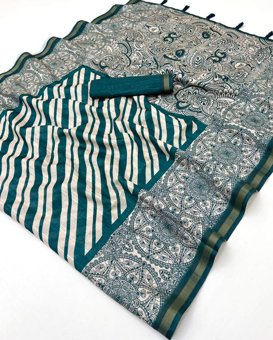 Lagniappe Rama Printed Cotton Silk Saree With Resplendent Blouse Piece