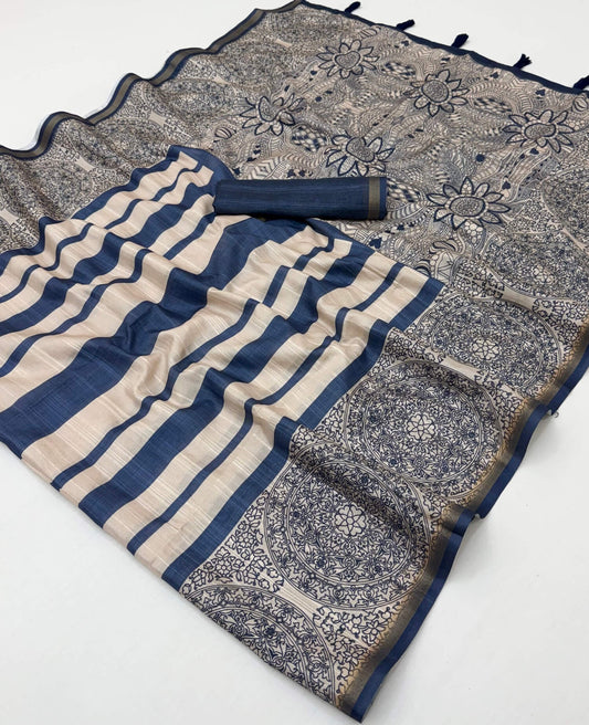 Adorable Navy Blue Printed Cotton Silk Saree With Ailurophile Blouse Piece