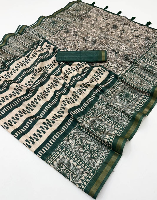 Excellent Dark Green Printed Cotton Silk Saree With Quintessential Blouse Piece