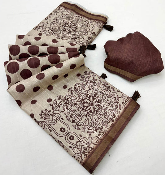 Eloquence Brown Printed Cotton Silk Saree With Majesty Blouse Piece