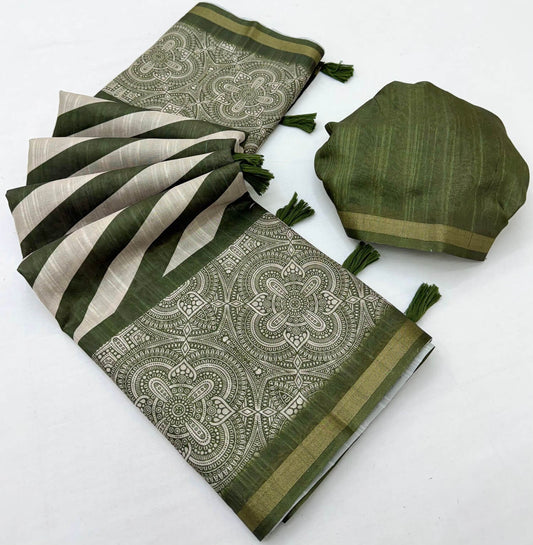 Breathtaking Green Printed Cotton Silk Saree With Adorning Blouse Piece