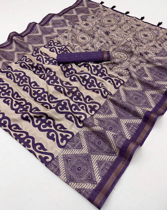 Beautiful Purple Printed Cotton Silk Saree With Ethereal Blouse Piece