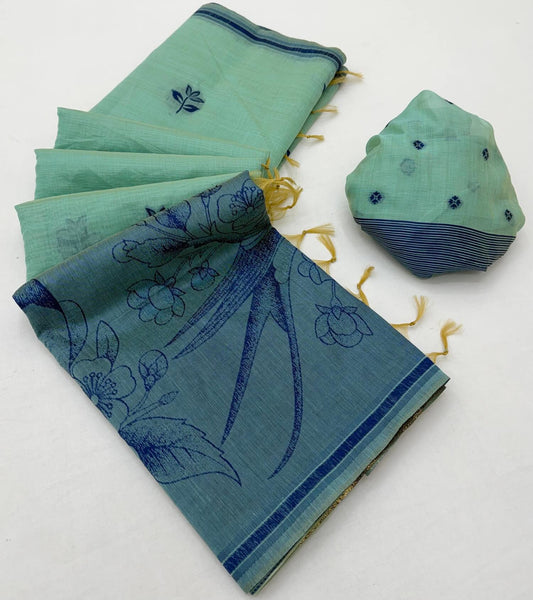 Snappy Turquoise Pure Munga Cotton Silk Saree With Exceptional Blouse Piece