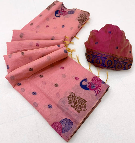 Sumptuous Pink Pure Munga Cotton Silk Saree With Scintillating Blouse Piece