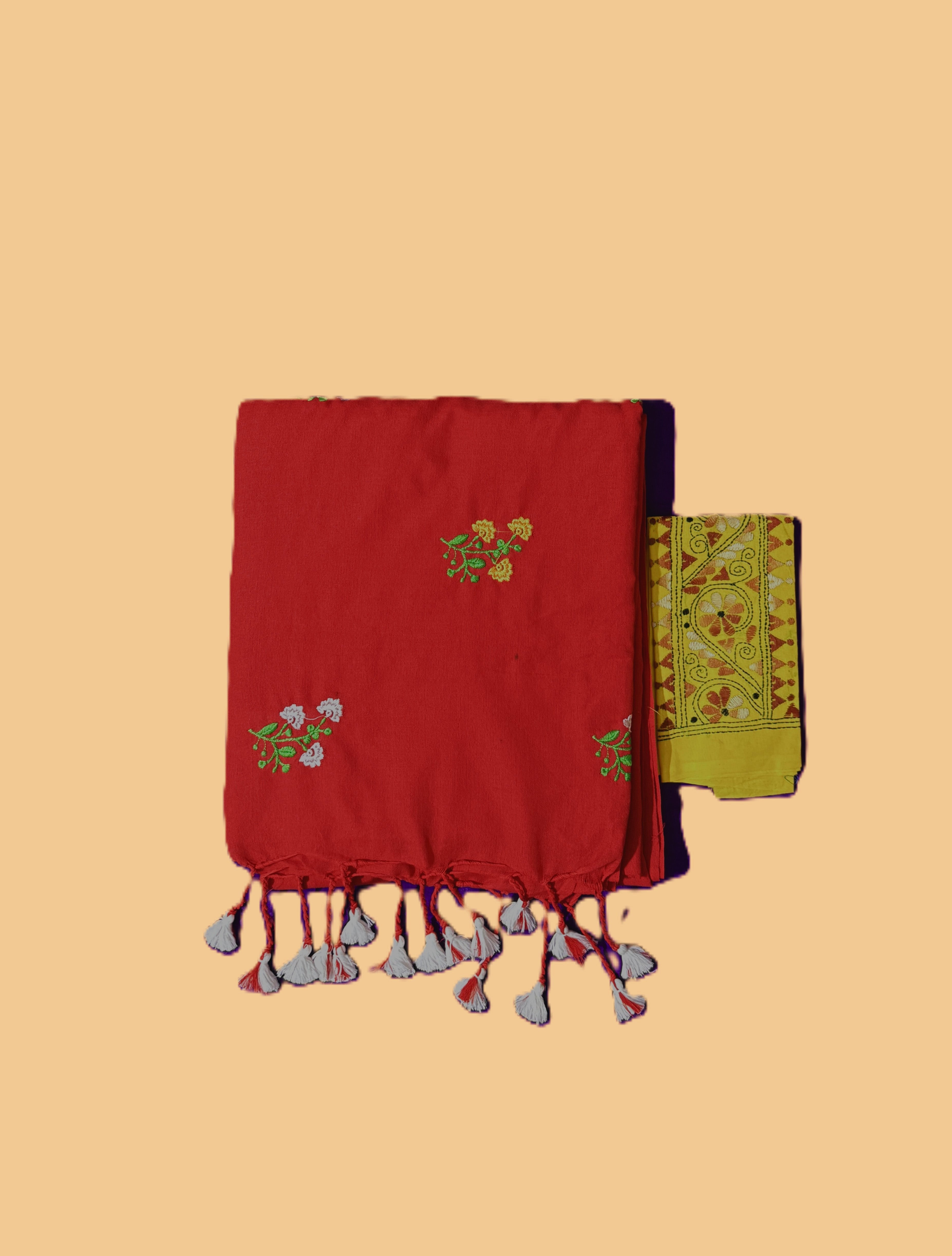 Red Cotton Handloom Saree with Yellow Contrast Kantha Stitch Blouse