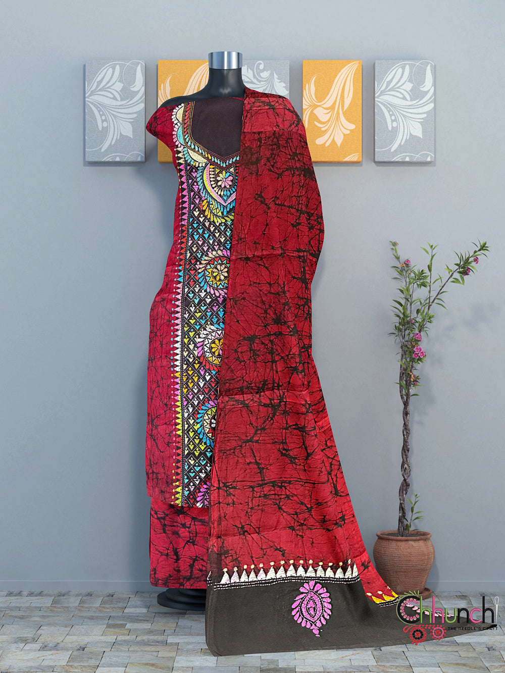 Red Kantha Stitch Cotton Handloom Dress Material