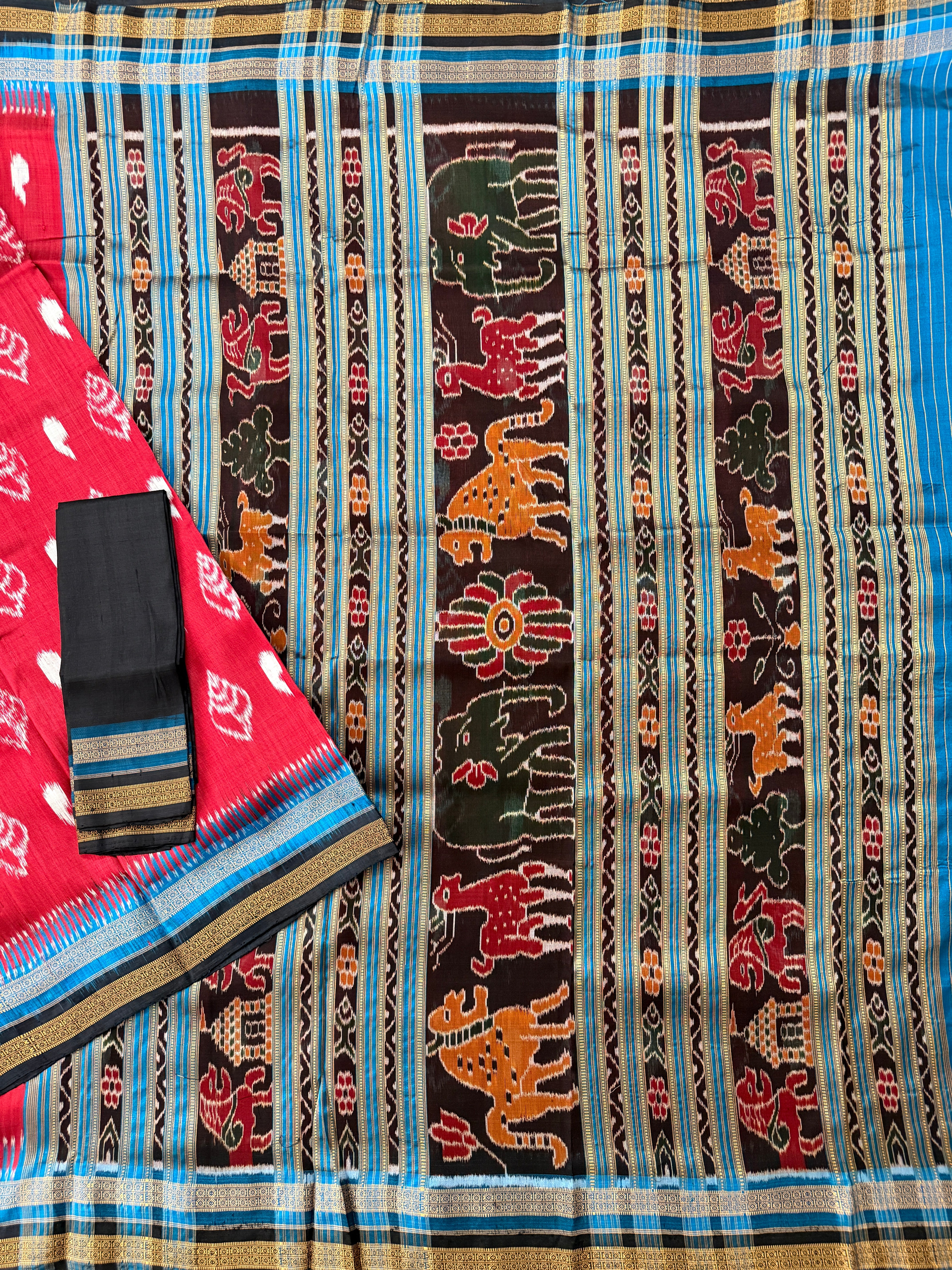 Red Kathiphera Pure Silk Handloom Khandua Patta Saree With Sankha Motifs