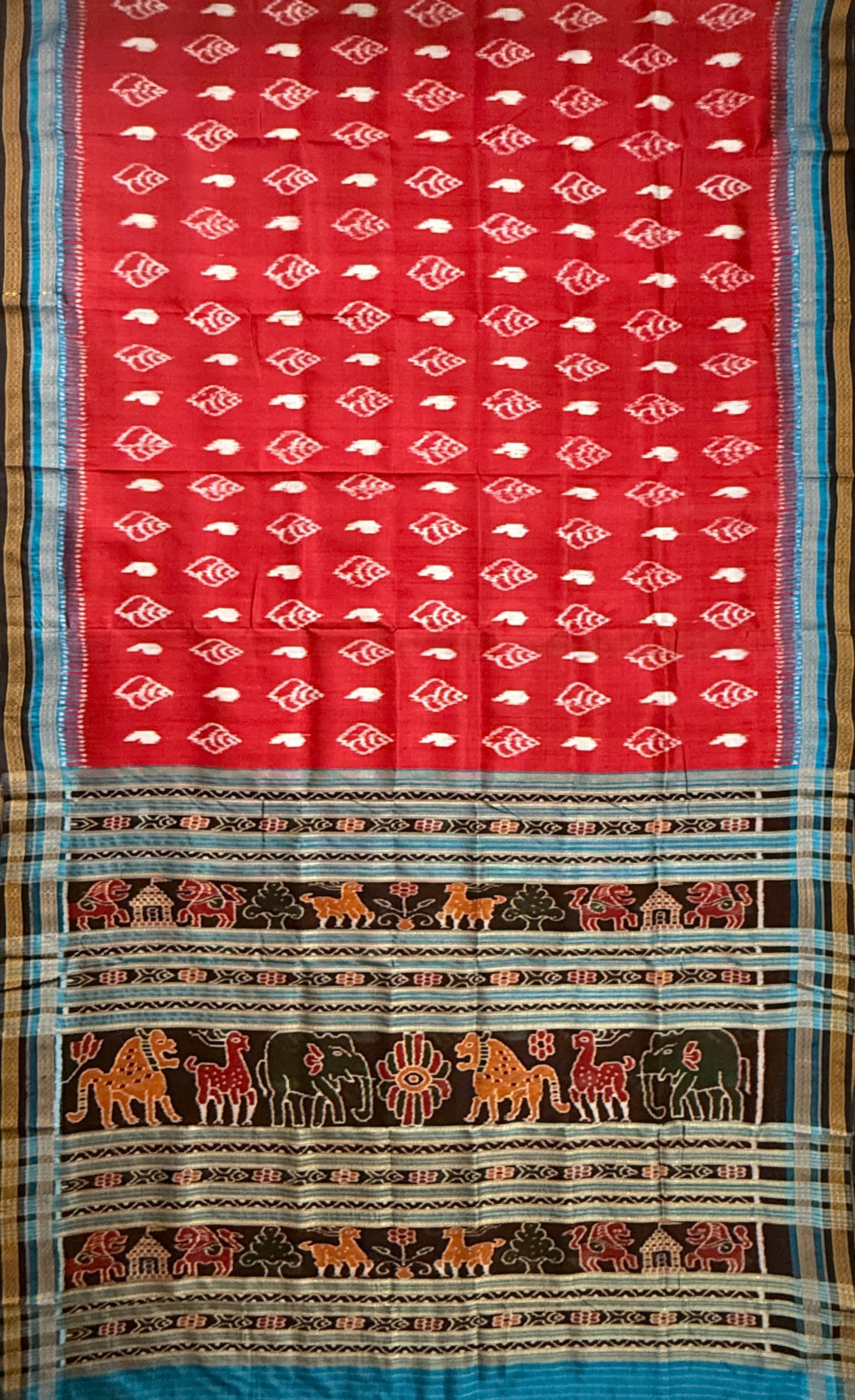 Red Kathiphera Pure Silk Handloom Khandua Patta Saree With Sankha Motifs