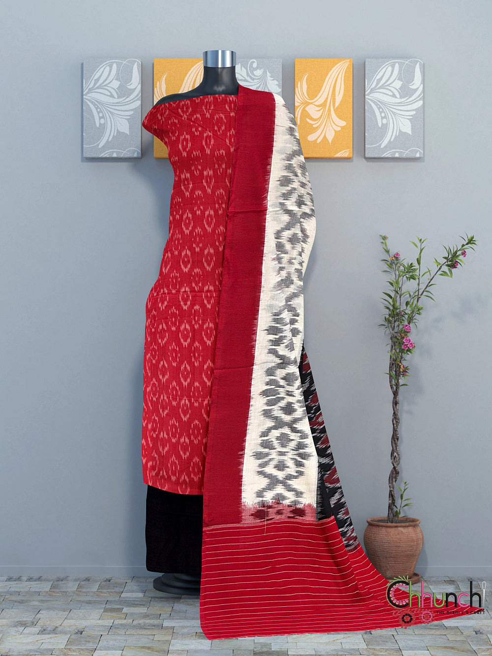 Red and Black Double Ikat Handloom Cotton Dress Material