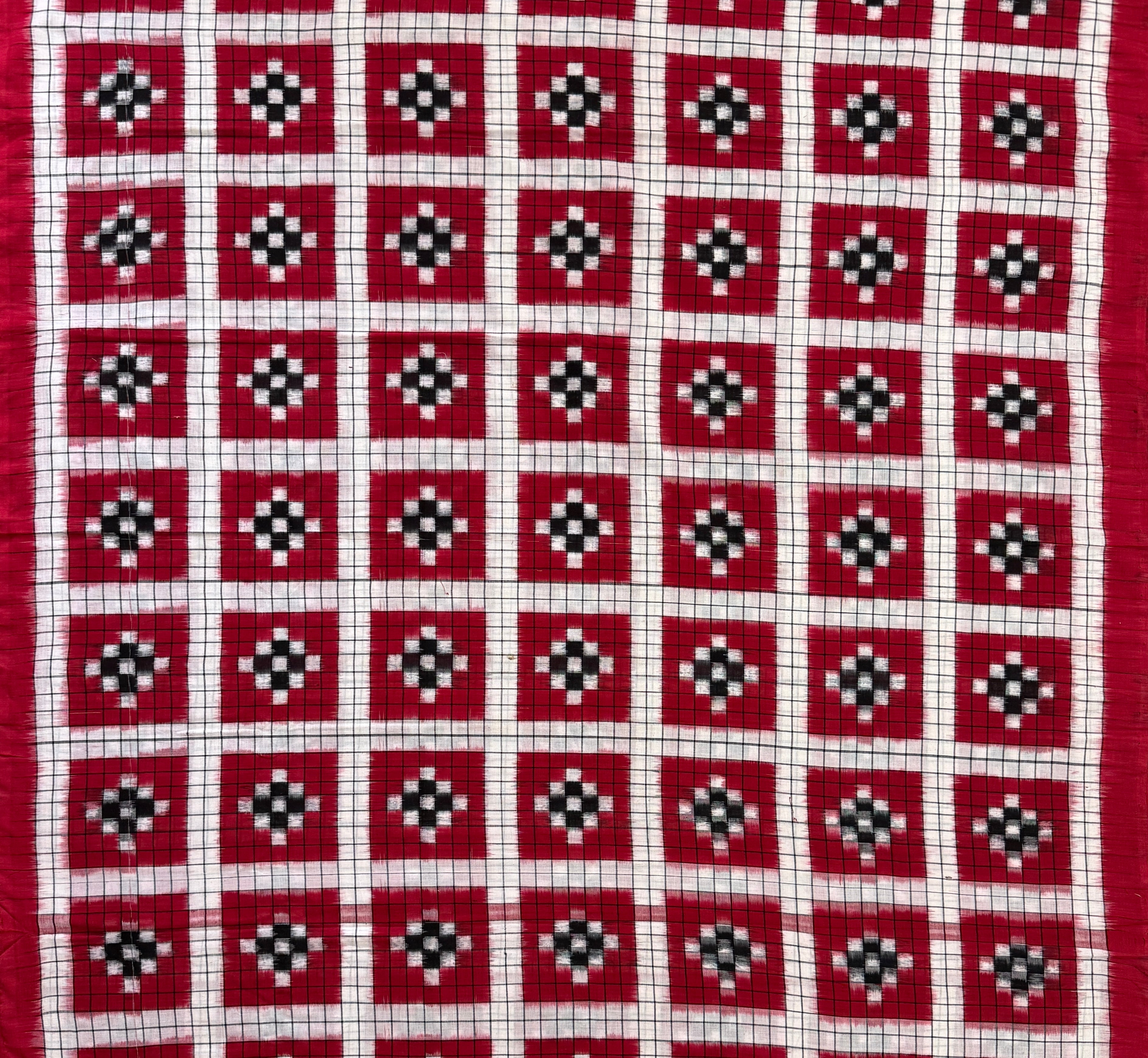 Red, White and Black Sambalpuri Handloom Cotton Dress Material with Pasapalli Pattern