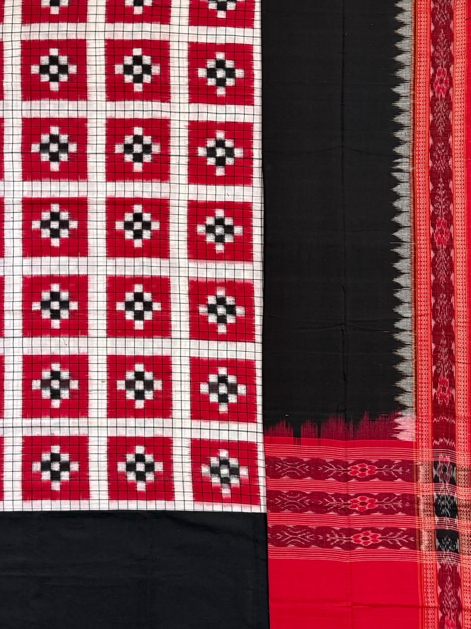 Red, White and Black Sambalpuri Handloom Cotton Dress Material with Pasapalli Pattern