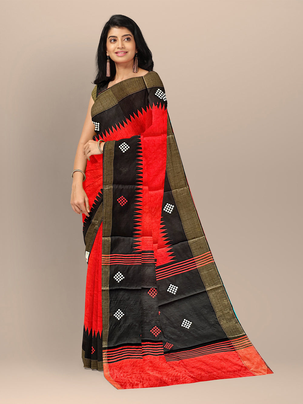 Red and Black Raw Silk Handloom Saree With Square Pattern Border