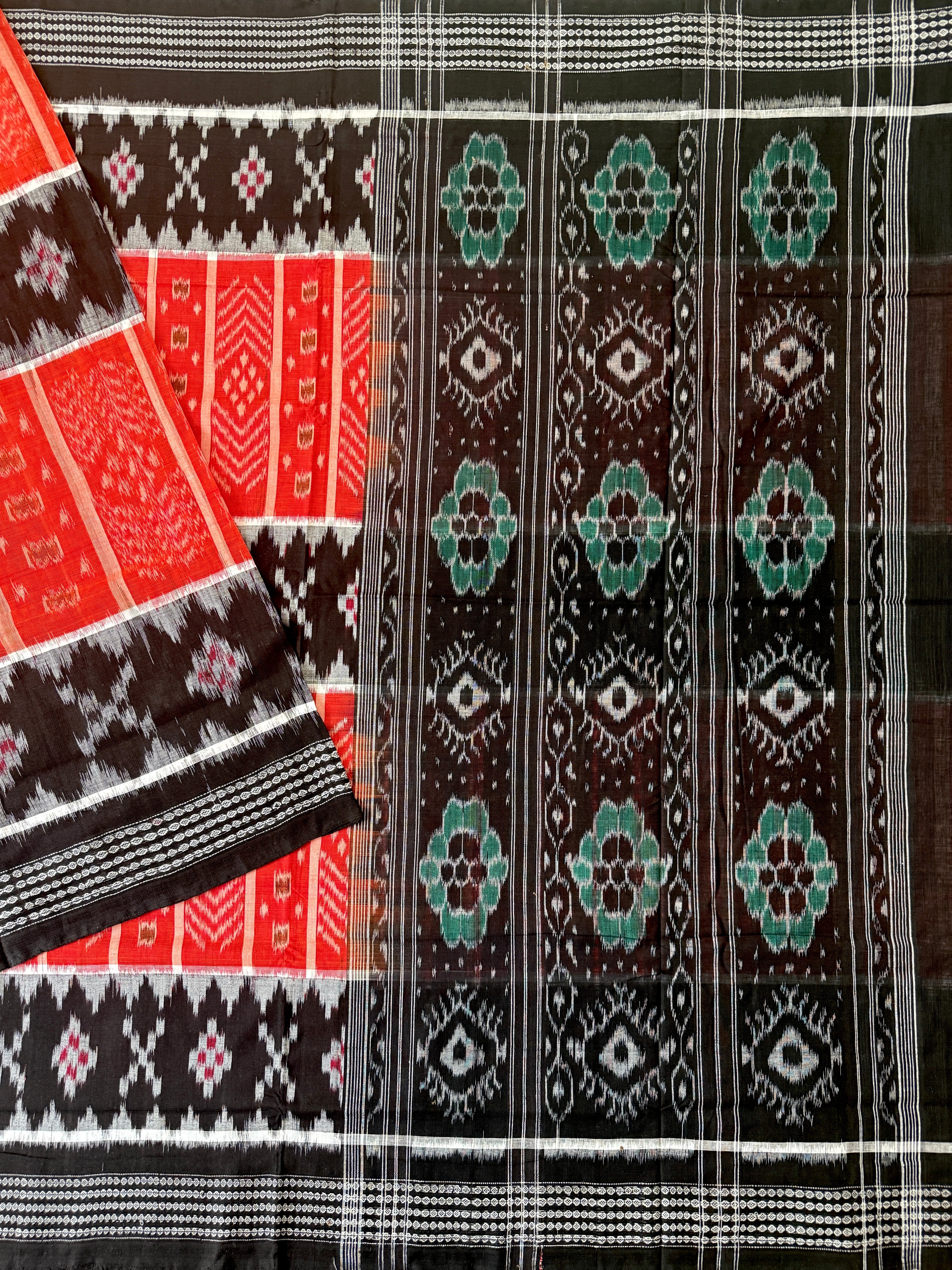 Red and Black Handloom Cotton Sambalpuri Saree with Pasapalli Motifs
