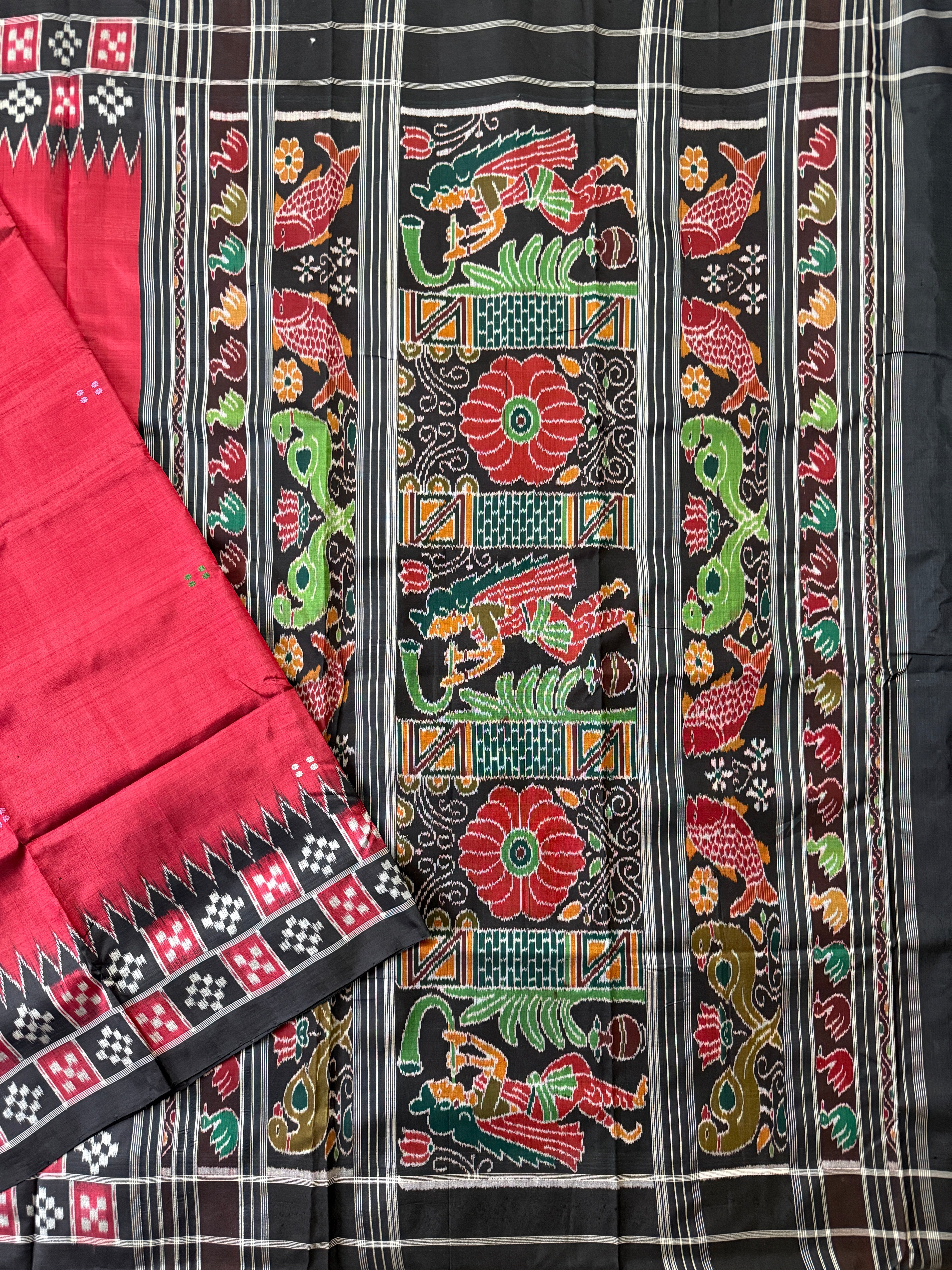 Red and Black Pure Silk Handloom Khandua Patta Saree with Pasapalli Border