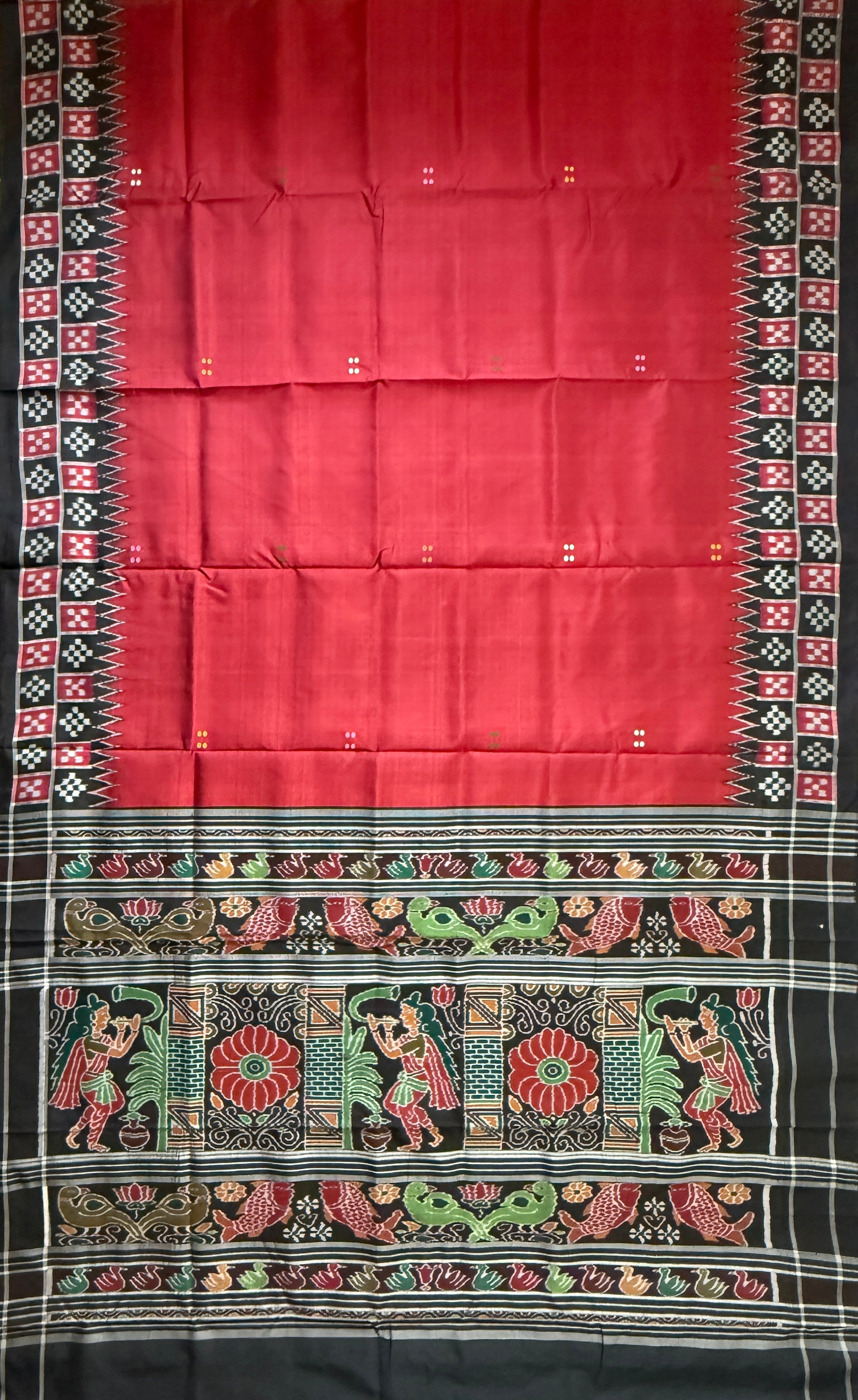Red and Black Pure Silk Handloom Khandua Patta Saree with Pasapalli Border