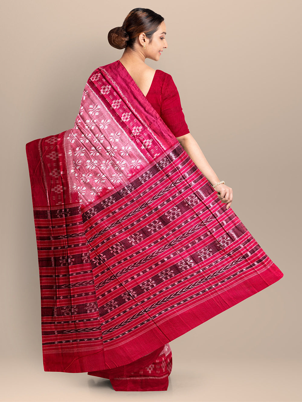 Rose Pink and Red Handloom Cotton Sambalpuri Saree