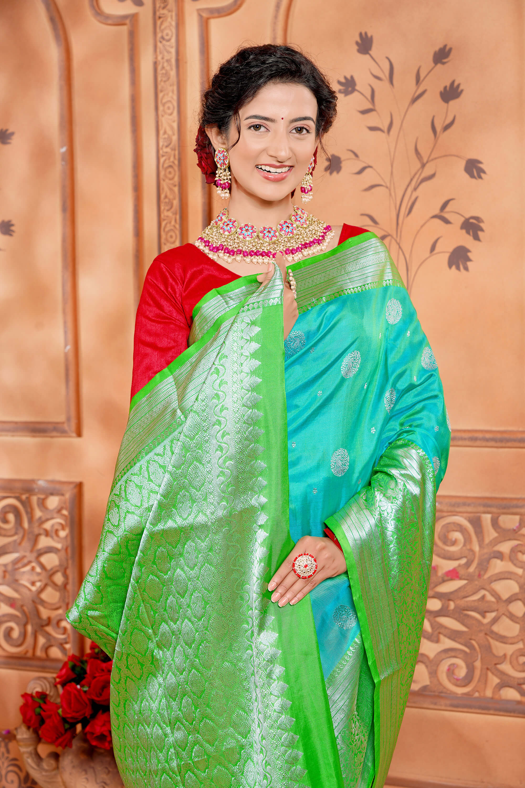 Sea Green and Lime green Venkatagiri Pure Silk Handloom Saree