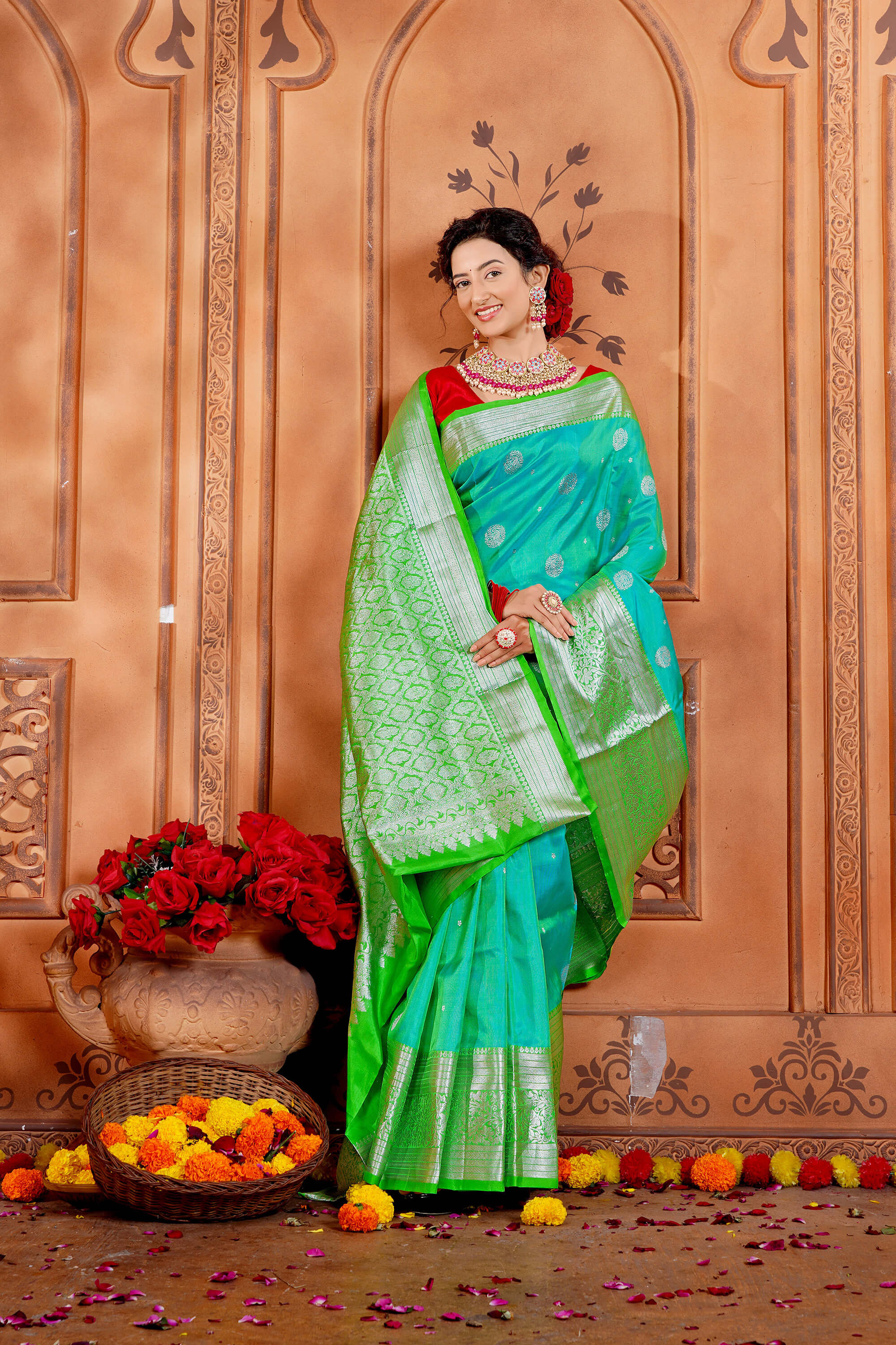 Sea Green and Lime green Venkatagiri Pure Silk Handloom Saree