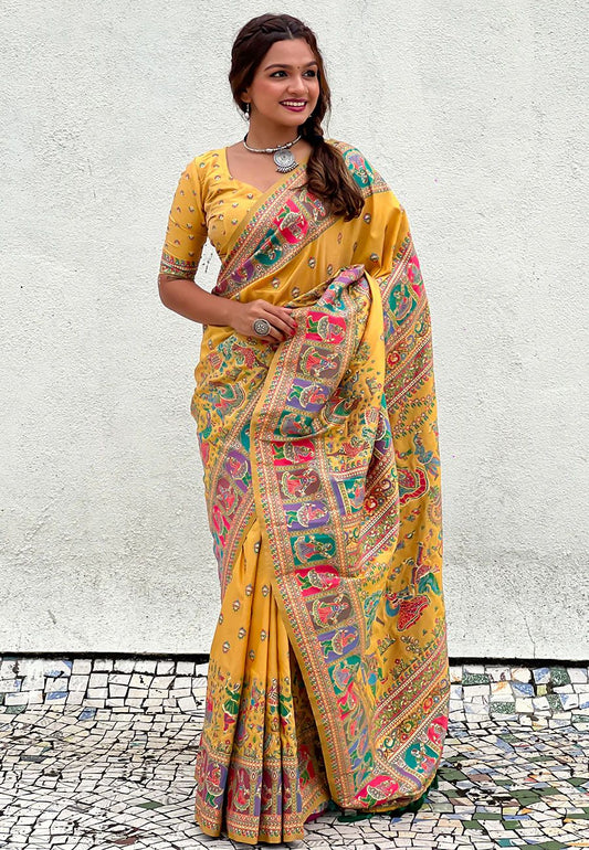 Unequalled Yellow Nylon Dola Pashmina Saree With Designer Blouse Piece