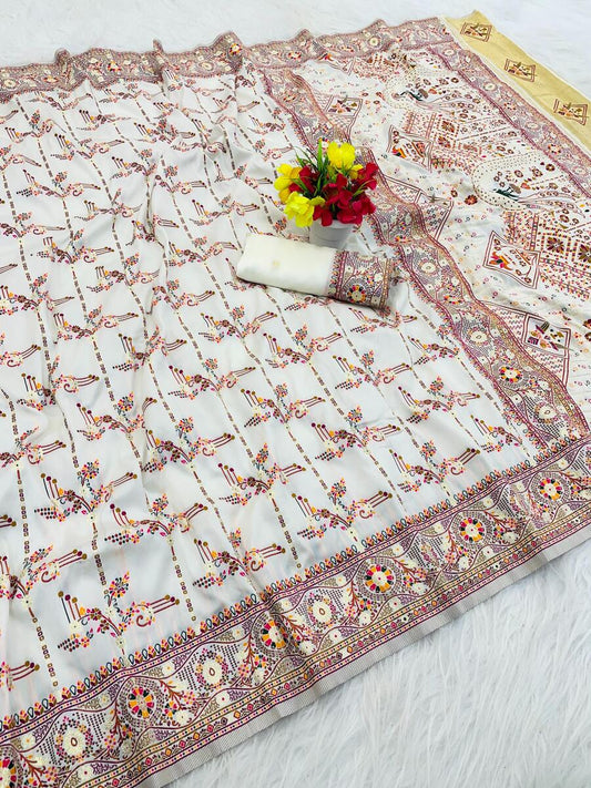 Diaphanous Off White Nylon Dola Pashmina Saree With Zephyr Blouse Piece