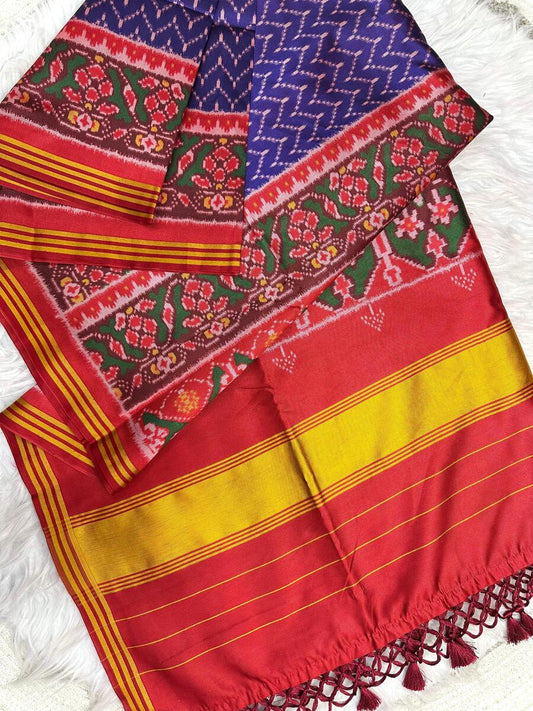 Gossamer Royal Blue Ikkat Printed Patola Silk Saree With Grandiose Blouse Piece