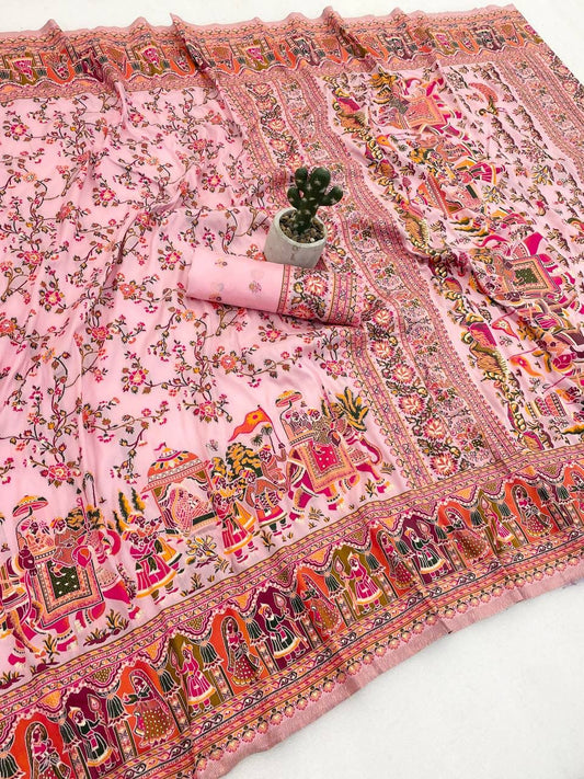 Lissome Pink Pashmina Silk Saree With Trendy Blouse Piece