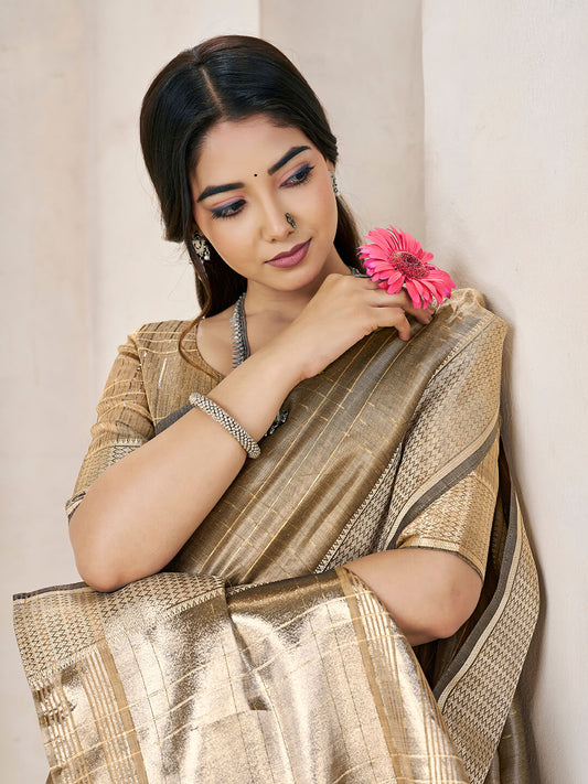 Marvellous Brown Zari Weaving Linen Silk Saree With Smart Blouse Piece