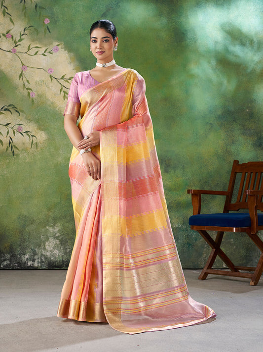 Ravishing Multicolor Zari Weaving Linen Silk Saree With Delightful Blouse Piece