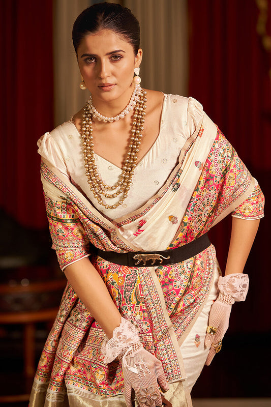 Petrichor Beige Pashmina Saree With Outstanding Blouse Piece