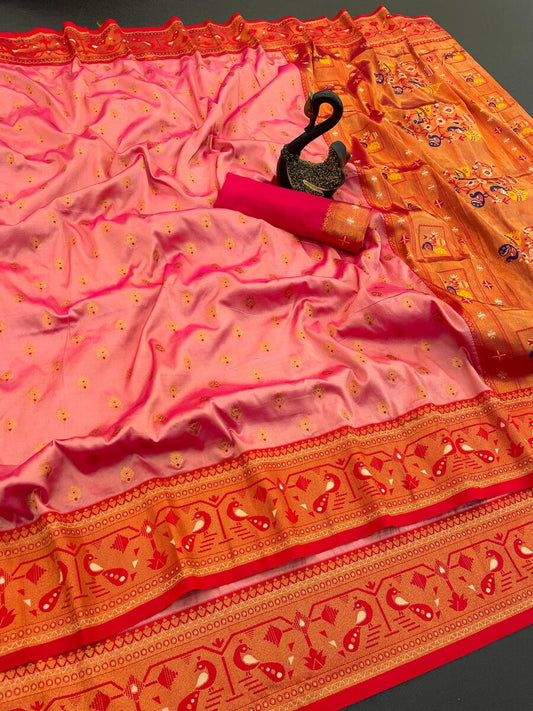 Classy Peach Paithani Silk Saree With Vibrant Blouse Piece