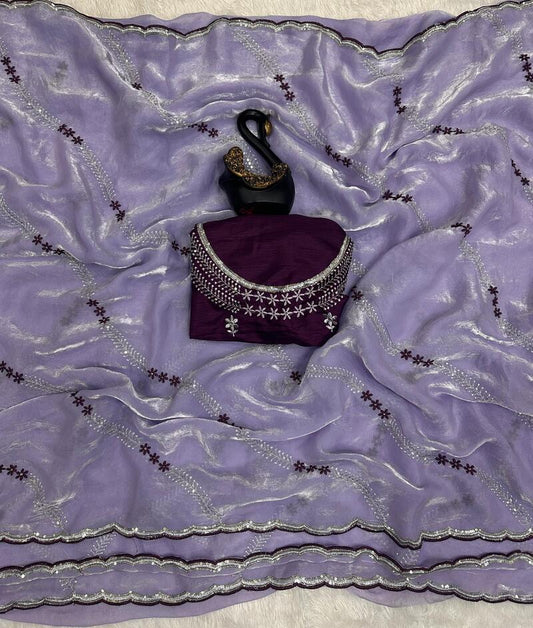 Stylish Lavender Sequence Work Fandy Silk Saree With Elegant Blouse Piece