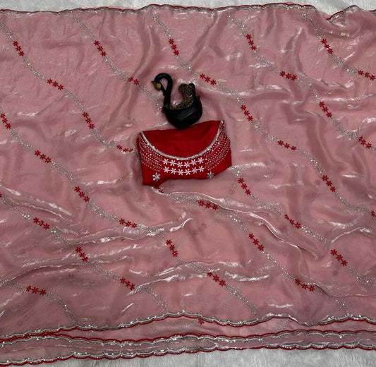 Seraglio Peach Sequence Work Fandy Silk Saree With Proficient Blouse Piece