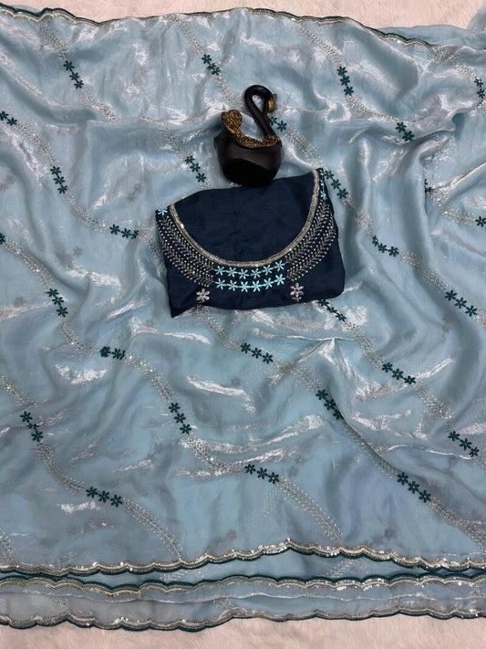 Ravishing Sky Sequence Work Fandy Silk Saree With Gorgeous Blouse Piece