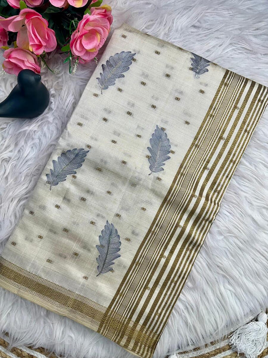 Whimsical Off White Embroidery Work Tussar Silk Saree With Blissful Blouse Piece