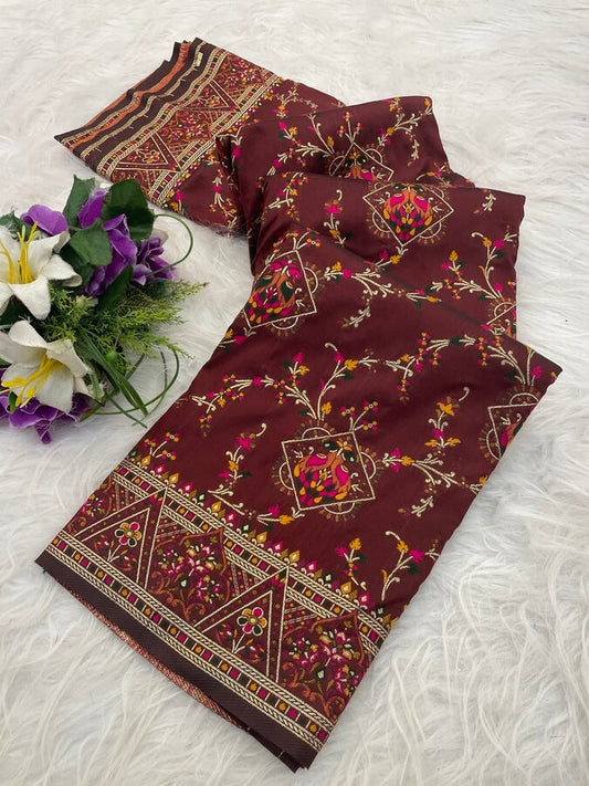 Charismatic Brown Pashmina Saree With Enchanting Blouse Piece