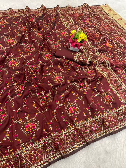 Charismatic Brown Pashmina Saree With Enchanting Blouse Piece