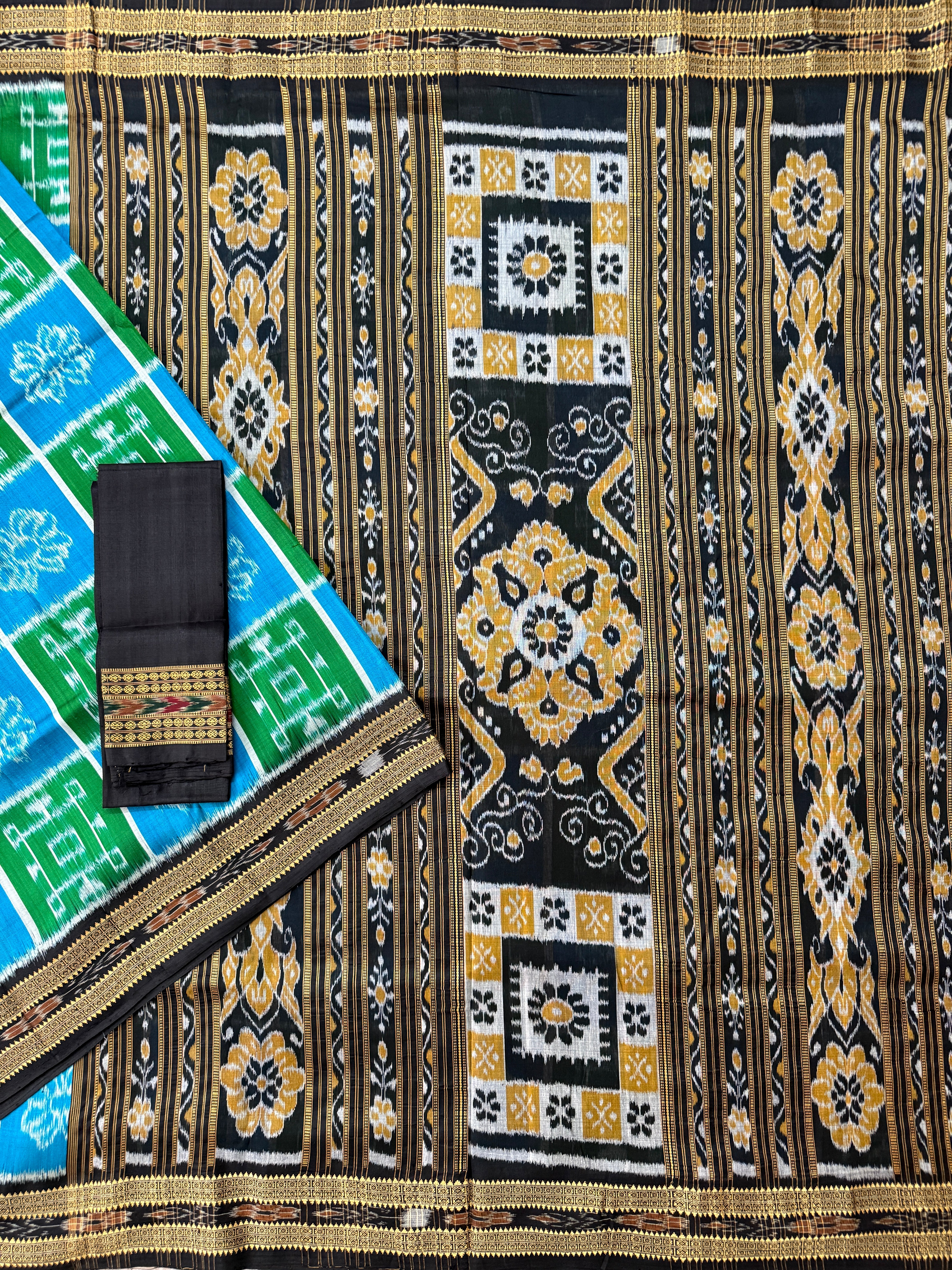 Sky Blue and Green Pure Silk Handloom Khandua Patta Saree with Swastik Design