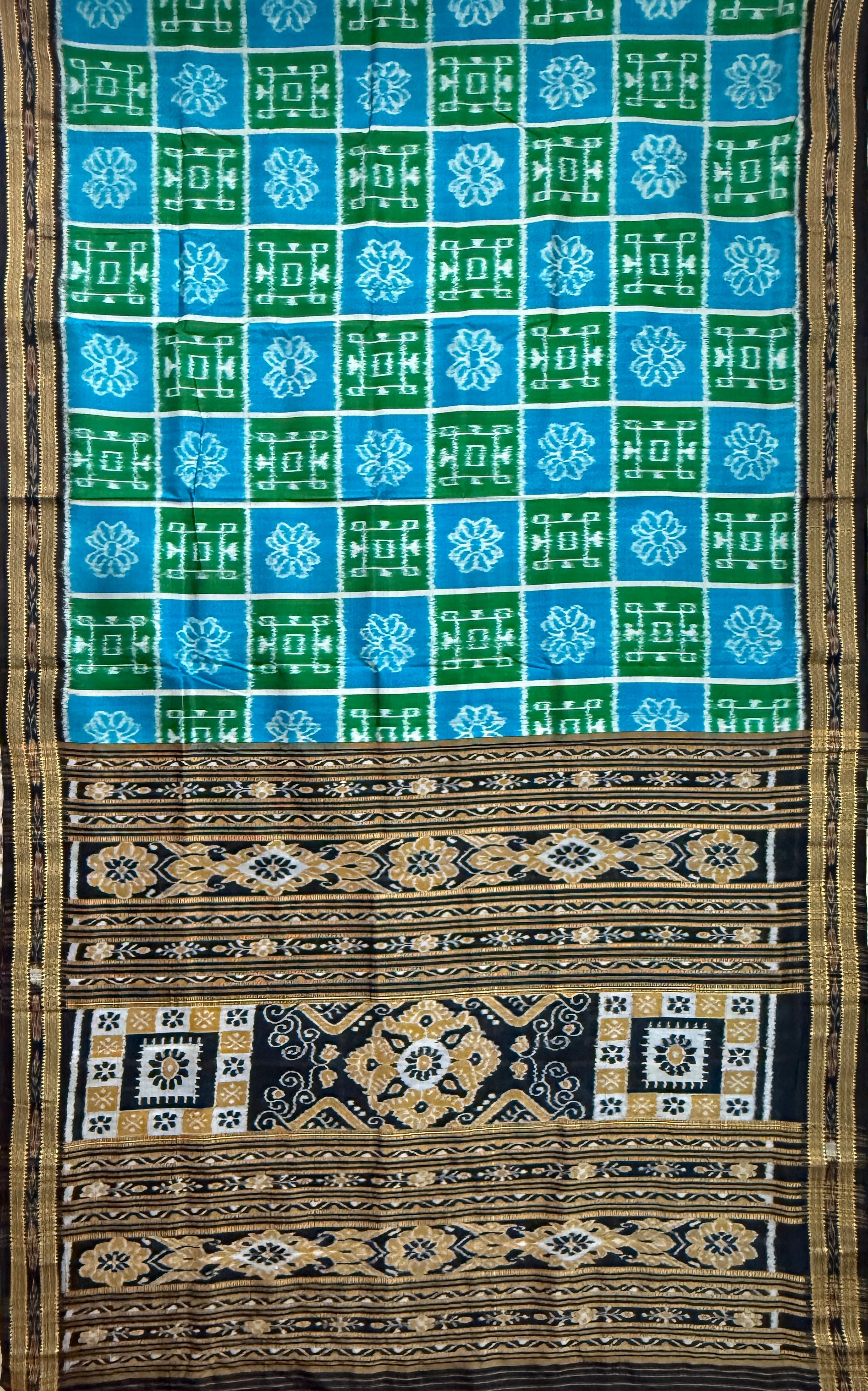 Sky Blue and Green Pure Silk Handloom Khandua Patta Saree with Swastik Design