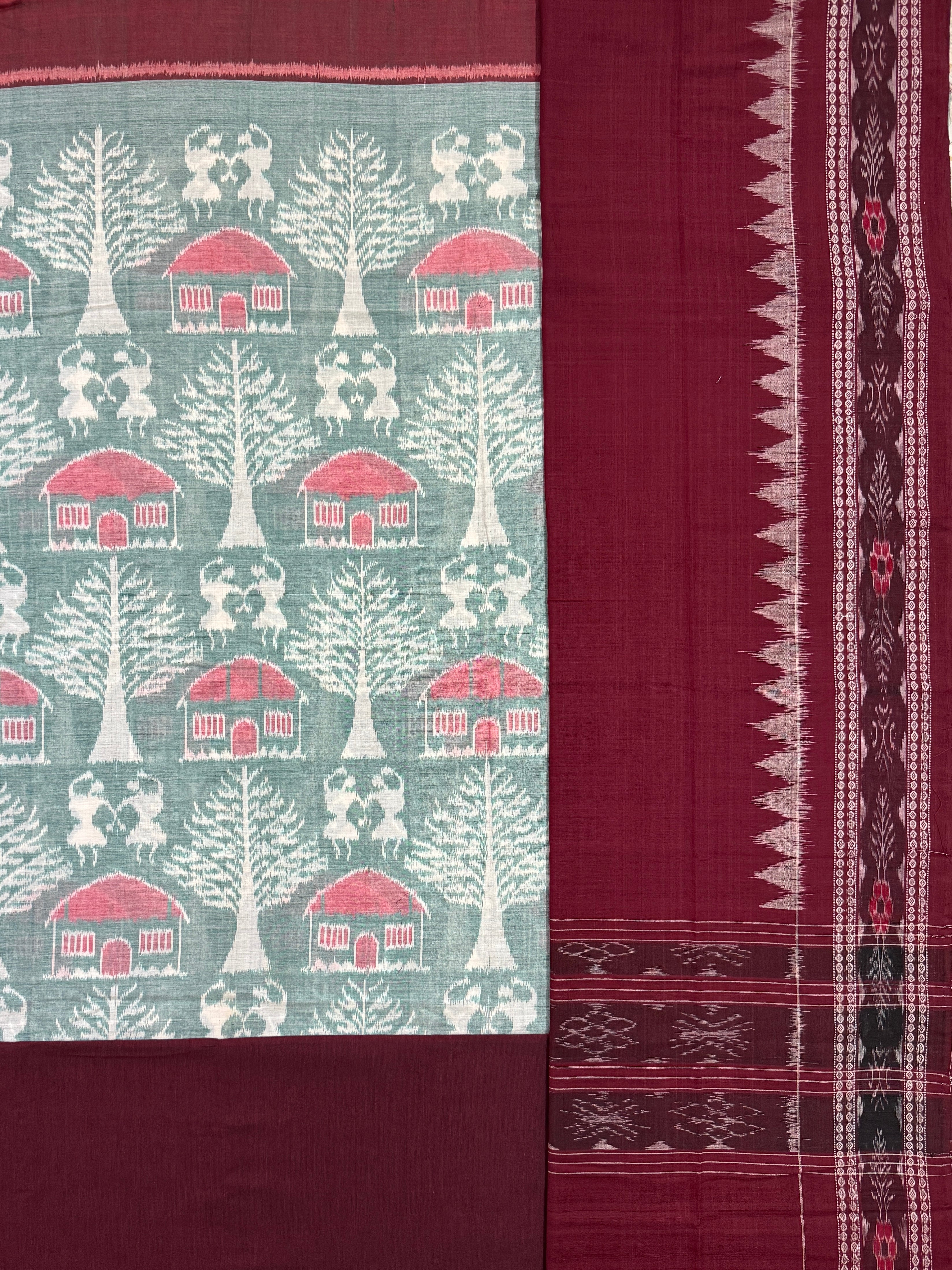 Slate Green and Maroon Sambalpuri Handloom Cotton Dress Material with Tribal Motifs